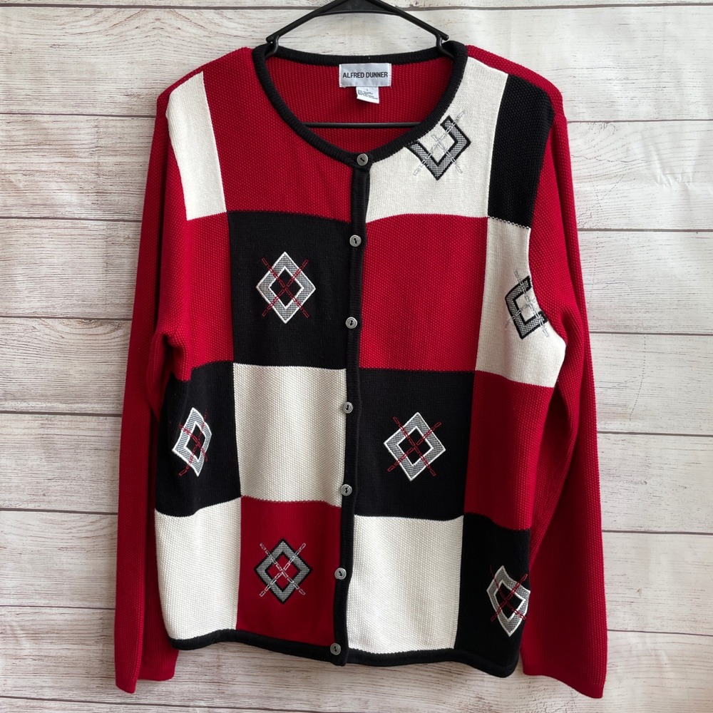 VINTAGE ALFRED DUNNER CARDIGAN SWEATER IN RED AND BLACK GEOMETRIC DESIGN